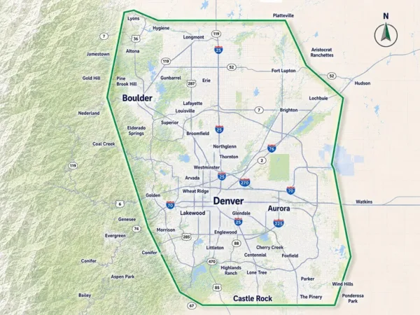Service area map of the Denver Metro and Colorado Front Range