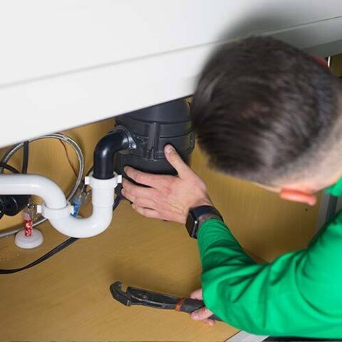 Cooper plumber in a green uniform repairing pipes under a sink